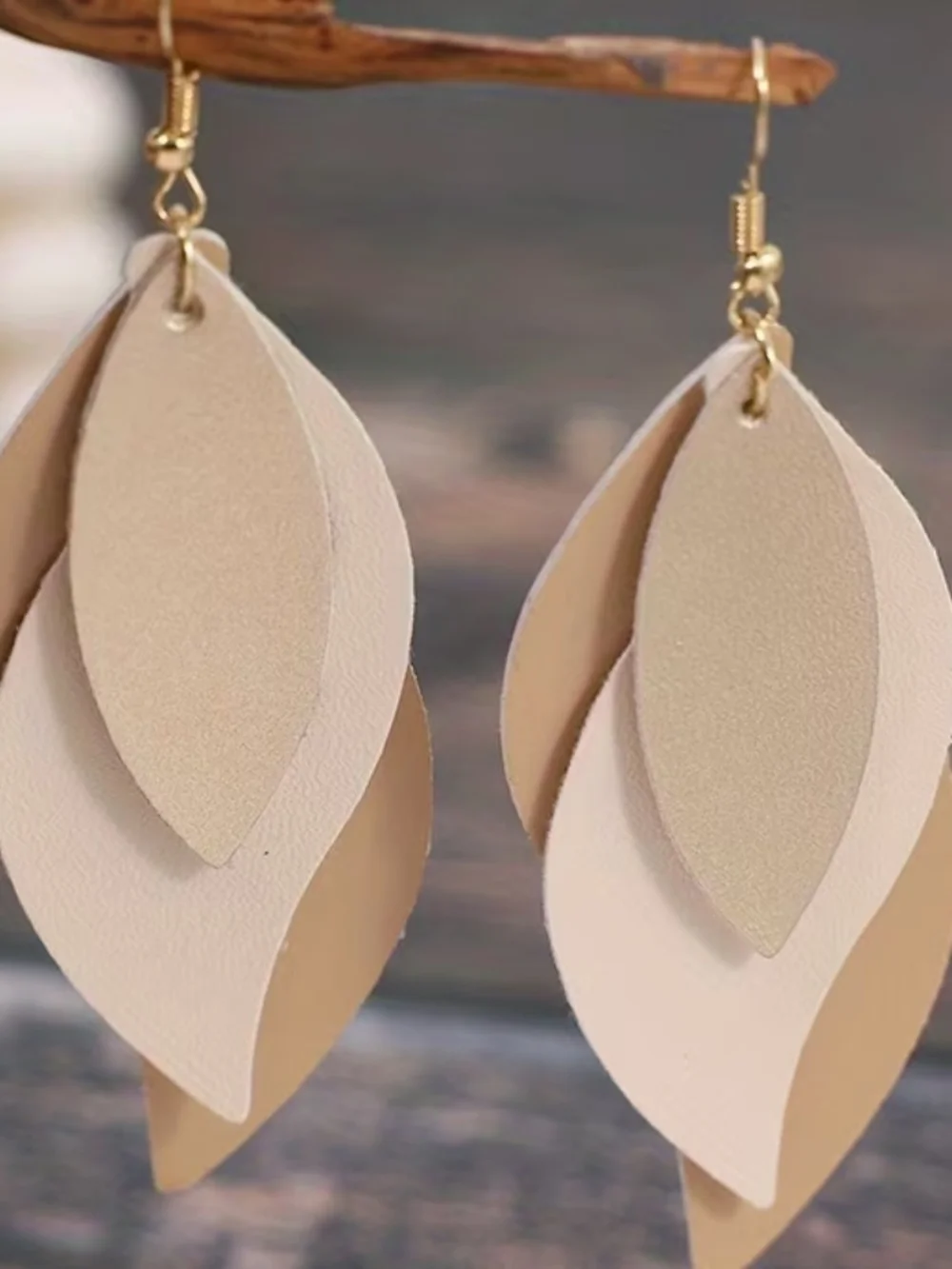 Layered Leather Teardrop Earrings - Beige & Cream